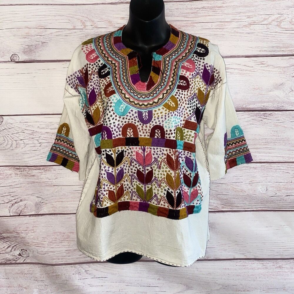 Mexican Clothing Co Womens Embroidered Boho Tunic Top L Handmade Mexico Folk Art